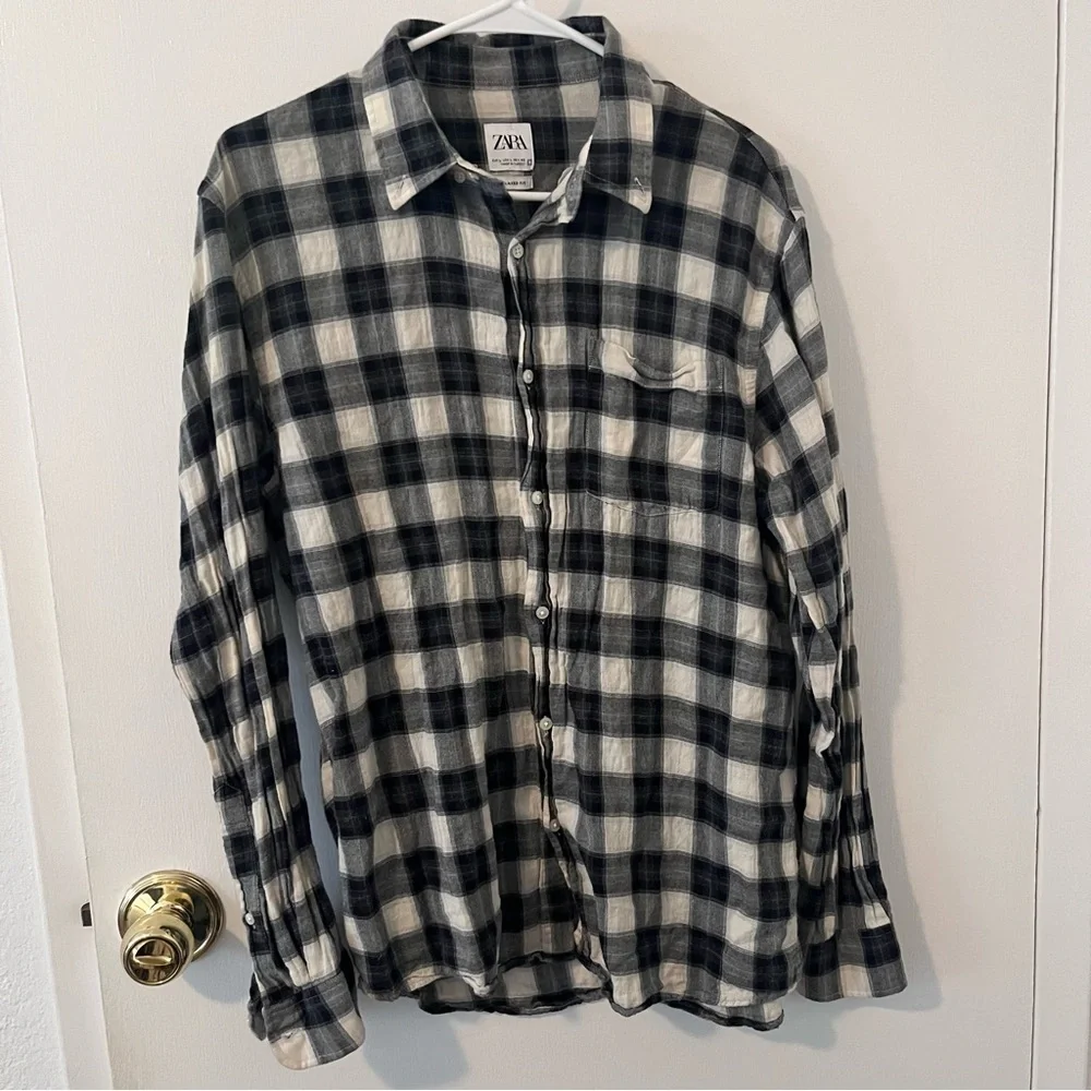 Zara Men’s Plaid Long Sleeve Shirt Relaxed Fit Black White Large